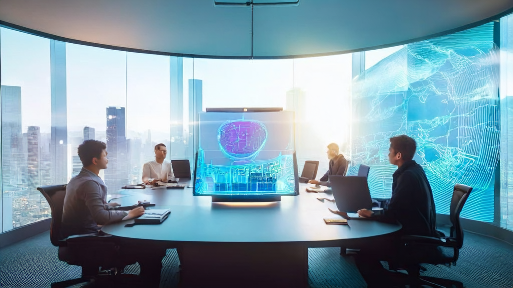 现代化办公室中,年轻的创业者们利用AI技术进行邮件营销策略讨论,背景是全球地图和智能设备。