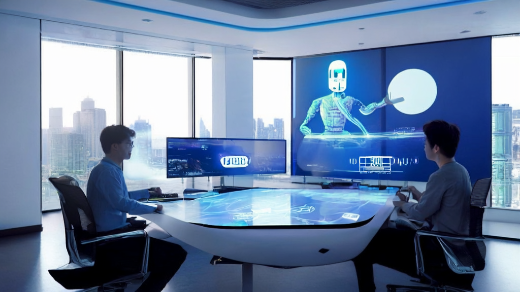 A futuristic office showcasing the AI-driven personalized email marketing strategy for 2025, with a poster of Xiaomi's MiMo-Embodied embodied model on the wall