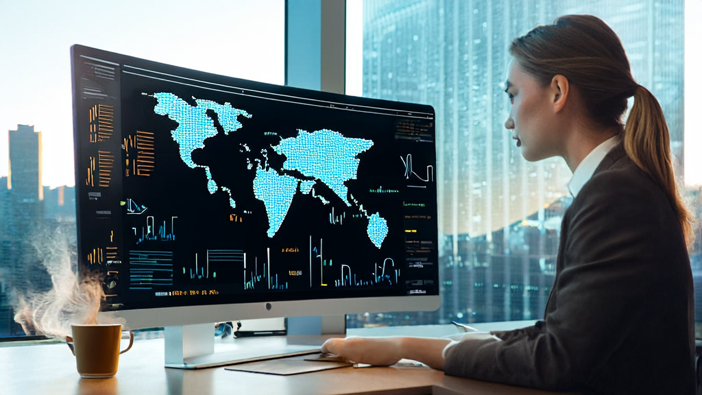 Scene of AI-driven email marketing in clothing B2B, with a young marketing expert working in a modern office