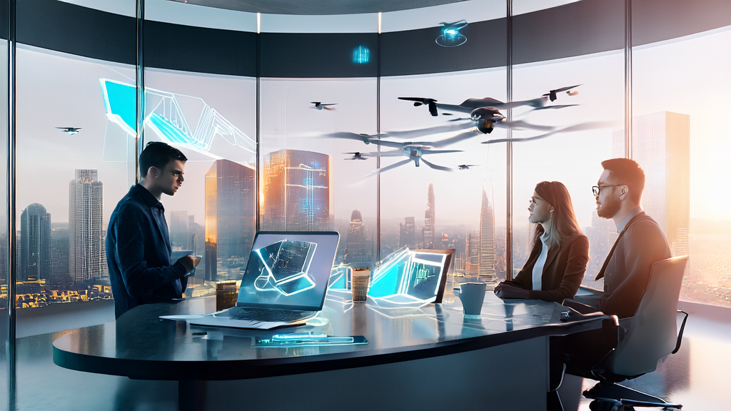 Office scene in a futuristic city showcasing AI-driven hyper-personalized email marketing