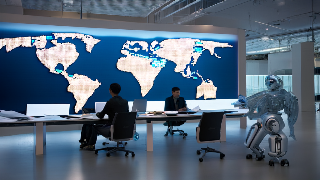 Young entrepreneurs discussing AI-driven email marketing strategies in a high-tech office