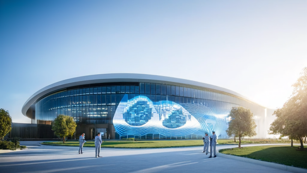 Tech park bathed in sunlight with professionals discussing AI-driven high-conversion email strategies