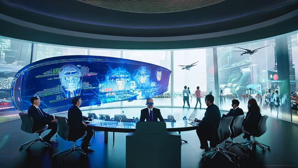 Marketing team in a futuristic city using AI technology to optimize email marketing content and improve customer reach