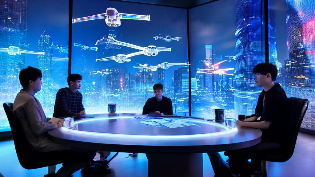 Four entrepreneurs in a modern office using AI technology to optimize email marketing strategies, with a city night view in the background