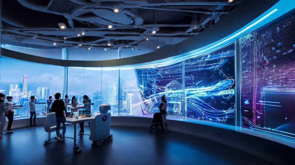 A futuristic office where a young team uses AI technology for personalized email marketing, with an intelligent robot assistant ready to help.