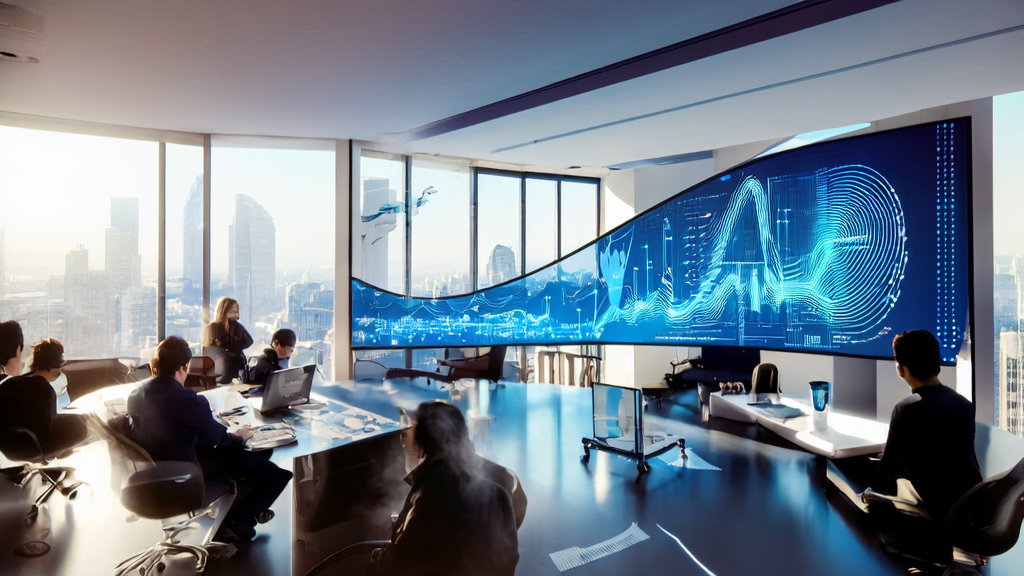 在充满科技感的办公室中，团队成员正专注地讨论基于AI的高转化邮件策略