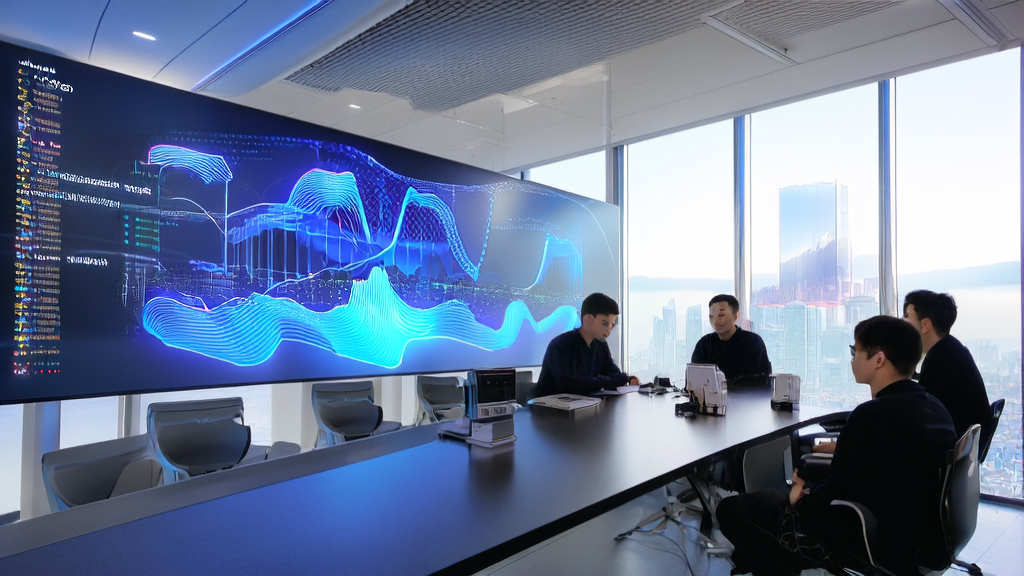 未来感办公室中展示最新AI邮件营销技术的场景