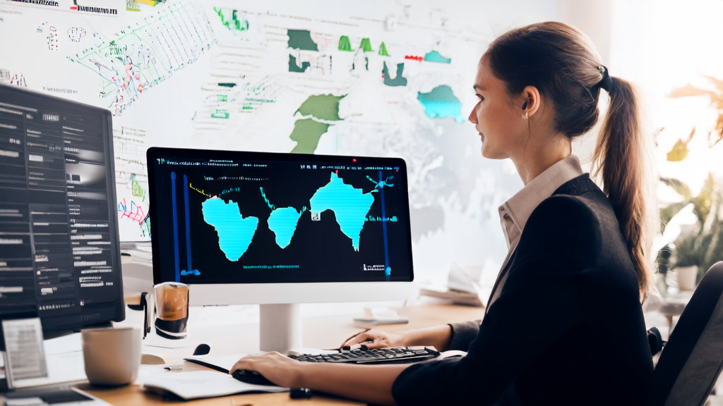 In a modern office, a marketing expert uses Claude's MCP tool directory for AI-driven email marketing, surrounded by various tech gadgets and design tools, with sunlight streaming through large windows, and charts showing email marketing success rates and global market feedback on the wall.