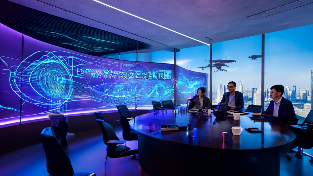 A futuristic office where professionals use AI technology to optimize email marketing campaigns
