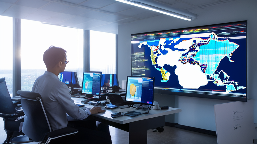 A modern office showcasing AI-driven email marketing technology, with an e-commerce manager analyzing cross-border sales trends and customer data
