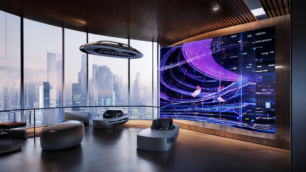 未来感办公室中的智能电脑正通过AI算法分析邮件营销数据