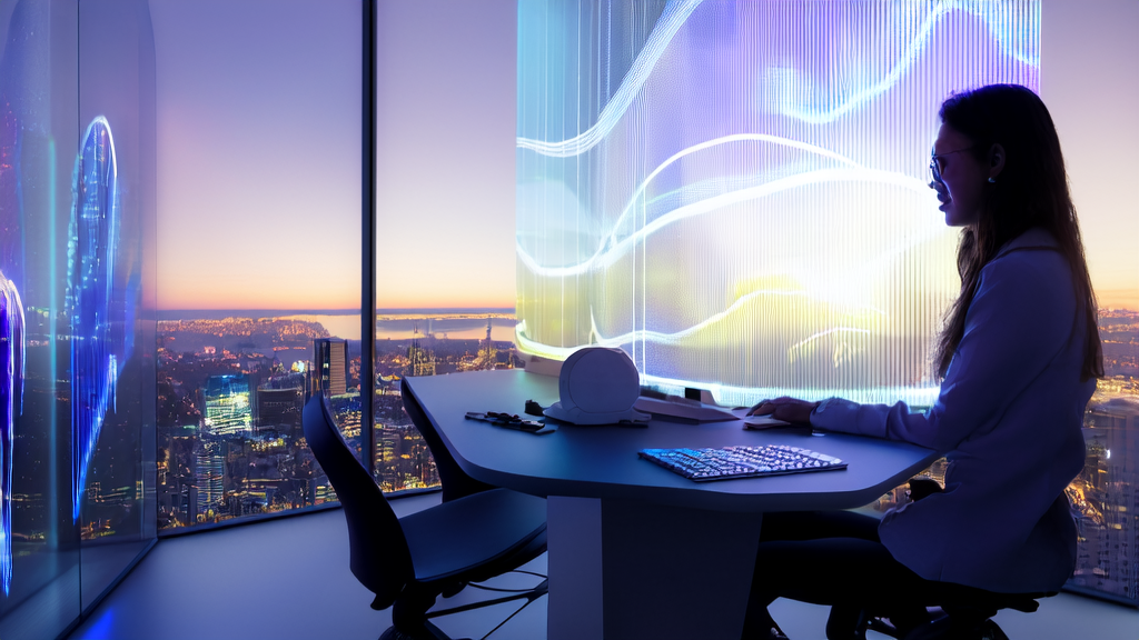 In a futuristic office, an entrepreneur uses AI technology to optimize email marketing, enhancing reply rates and efficiency.