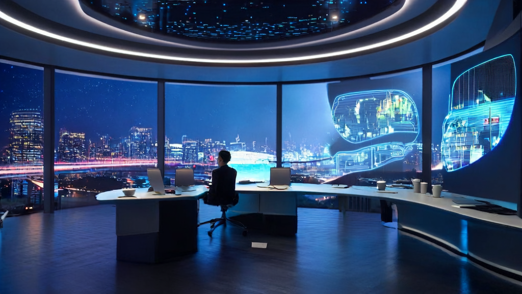 A marketing manager using AI-driven email marketing analysis in a futuristic office setting