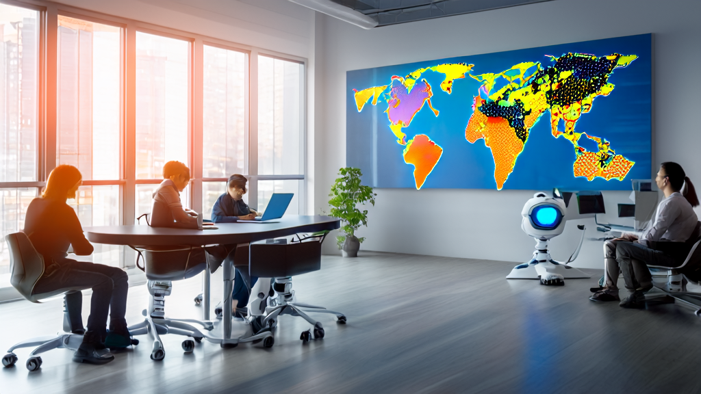 现代化办公室中员工使用AI驱动的邮件营销系统进行数据分析，桌上放置着Grok聊天机器人模型