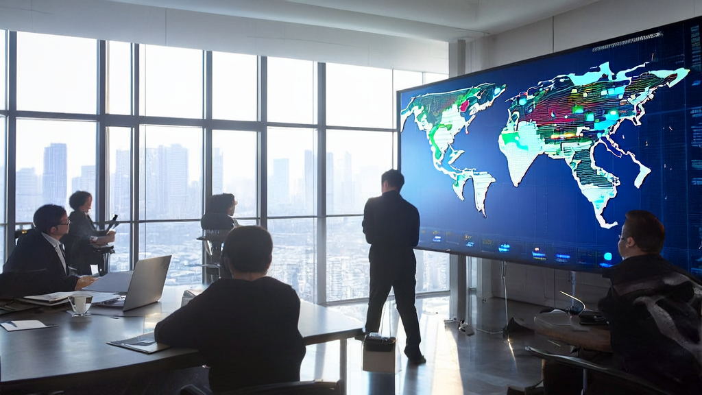 Office scene of AI-driven email marketing, where employees are processing emails using intelligent tools, with a background of global business connections.