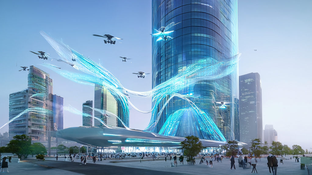 A futuristic cityscape with AI-driven email marketing: skyscrapers, smart drones, an AI control tower, and employees in an export company's office using AI tools to optimize email marketing strategies.