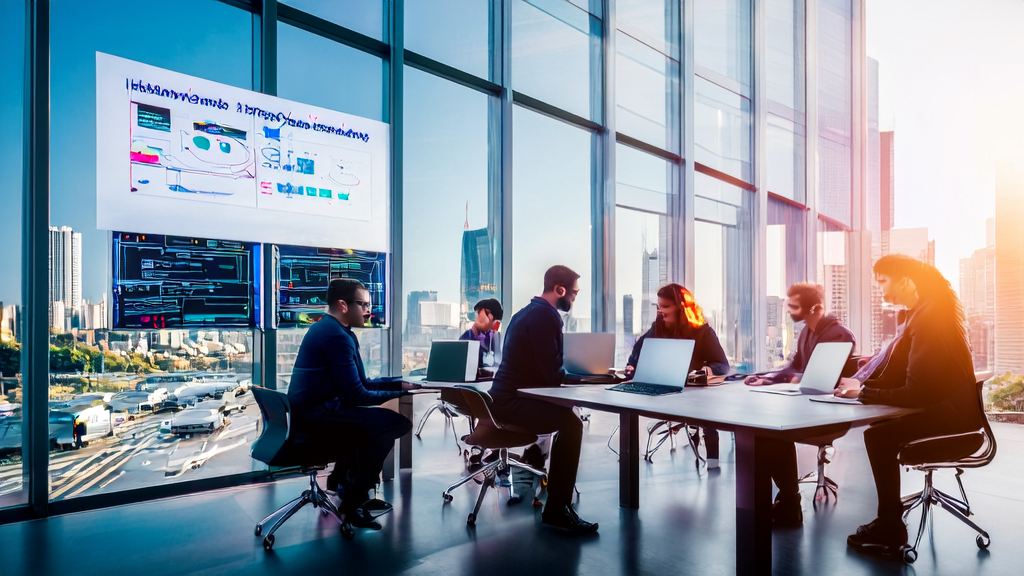 在阳光明媚的日子里,专业人士围绕AI驱动的邮件营销策略进行讨论,背景是繁华的城市景象。