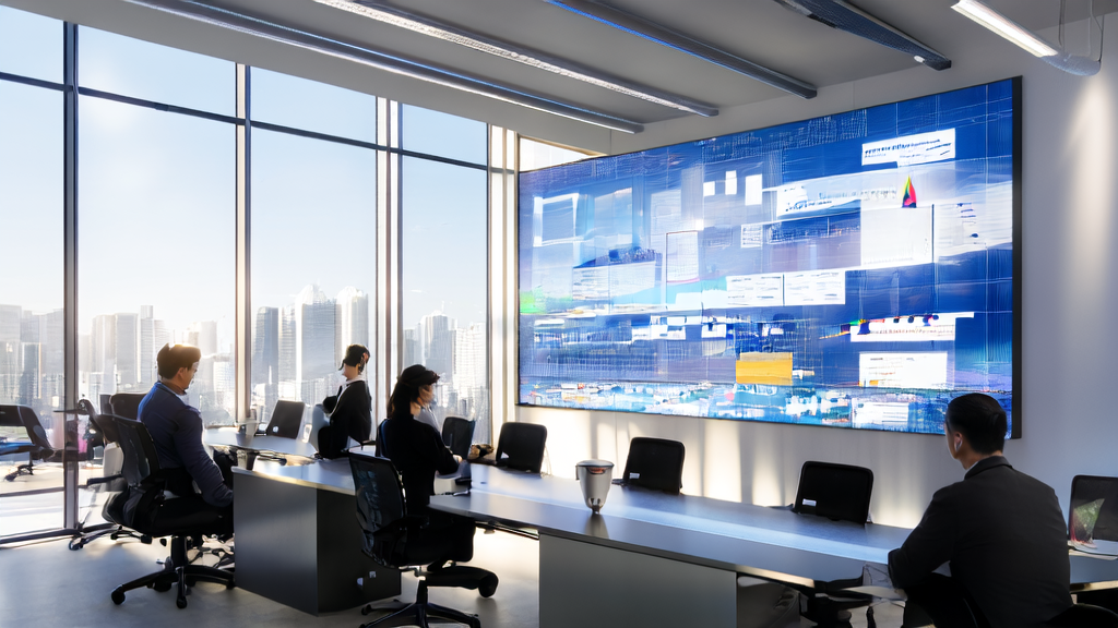 A modern office bathed in sunlight, where employees are using AI technology to optimize email marketing strategies, improving reply rates and conversion rates.