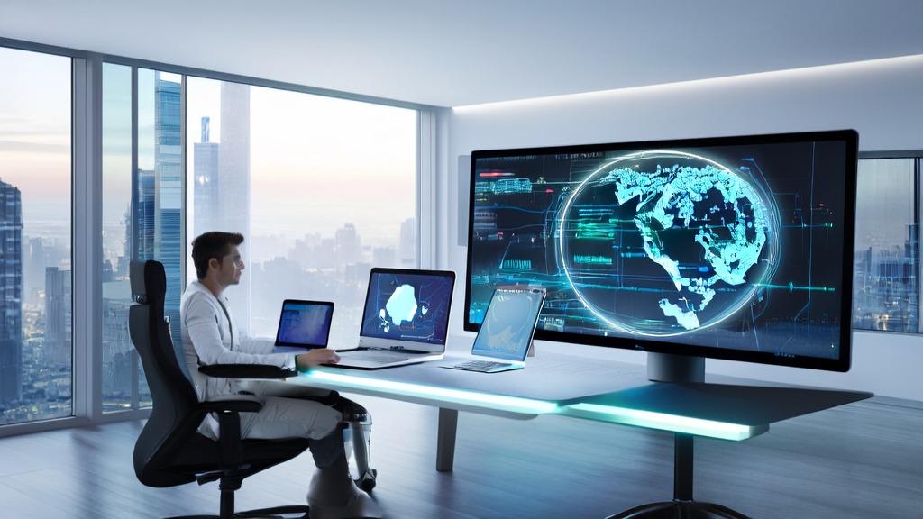 一位创业者在现代化办公室中使用AI技术优化海外市场邮件营销策略