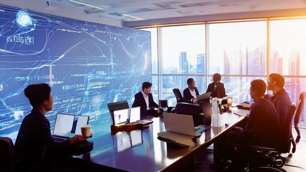 Young entrepreneurs in a modern office are discussing how to optimize email marketing using AI technology to improve reply rates and ensure data security.