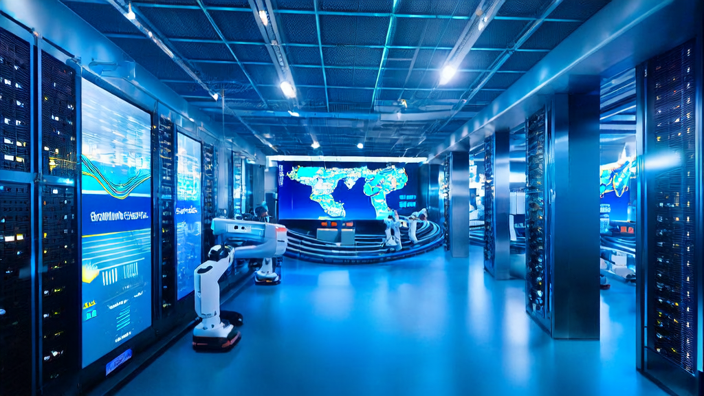 In a modern data center, an intelligent robot moves between servers, illustrating how AI technology optimizes email marketing for cross-border e-commerce to improve reply rates.