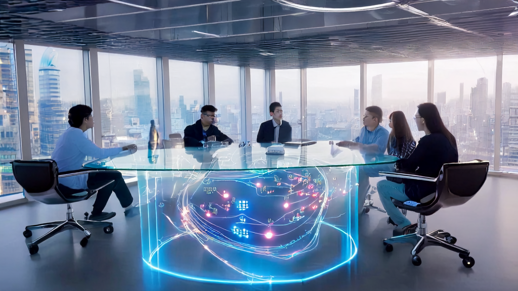 AI驱动的邮件营销团队在现代化办公室中优化邮件发送时间，提升营销效果