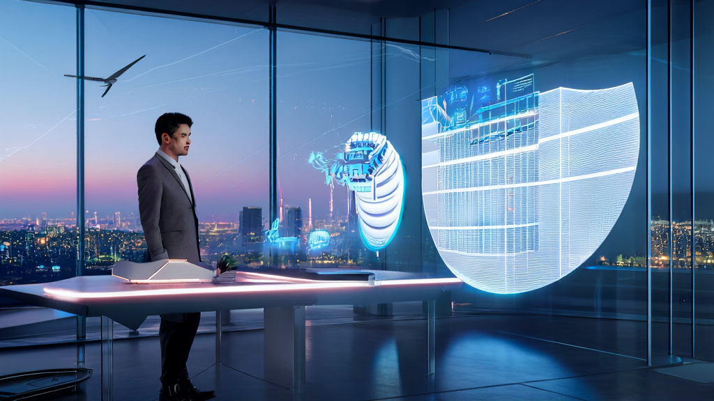 A young professional in a futuristic office using PerMAXity technology for AI-driven email marketing