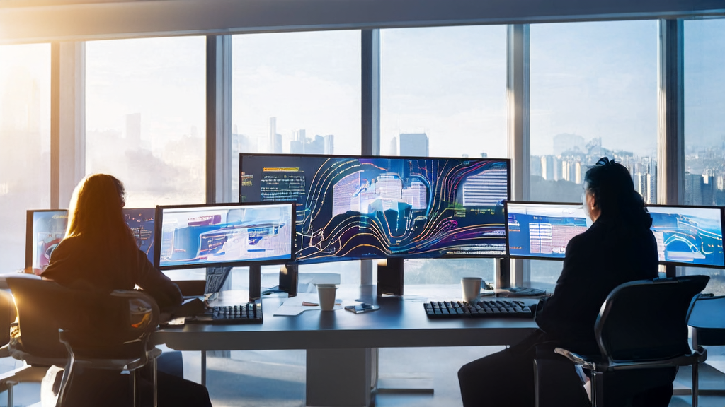 In a modern office on a sunny morning, data scientists are analyzing email marketing strategies using AI technology