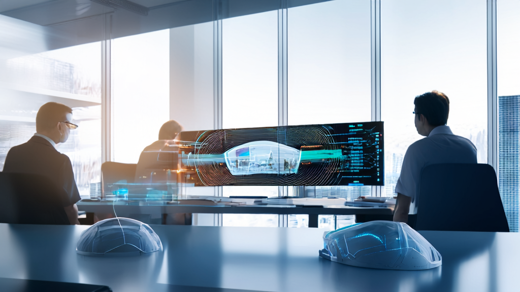 Engineers discussing AI-driven personalized email marketing in a modern office, with unopened emails and a lightweight MR glasses prototype on the desk.
