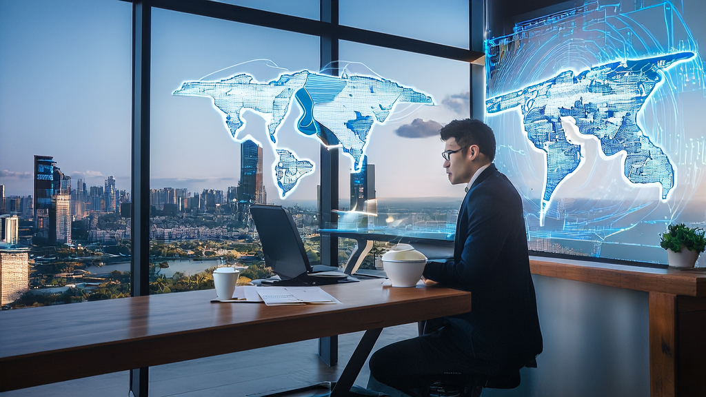 一位营销经理在现代化办公室中使用AI技术进行个性化邮件营销，背景是城市的高楼大厦和繁忙街道。