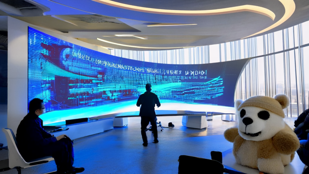 Engineers are busy in a high-tech office with a slogan “Precision Acquisition, Leading the Future“ on the wall, and a wool felt panda wearing a wide-brimmed hat in the corner.
