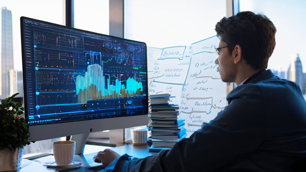 年轻职场人士在现代化办公室中利用AI技术进行邮件营销分析，提升精准触达和成本优化