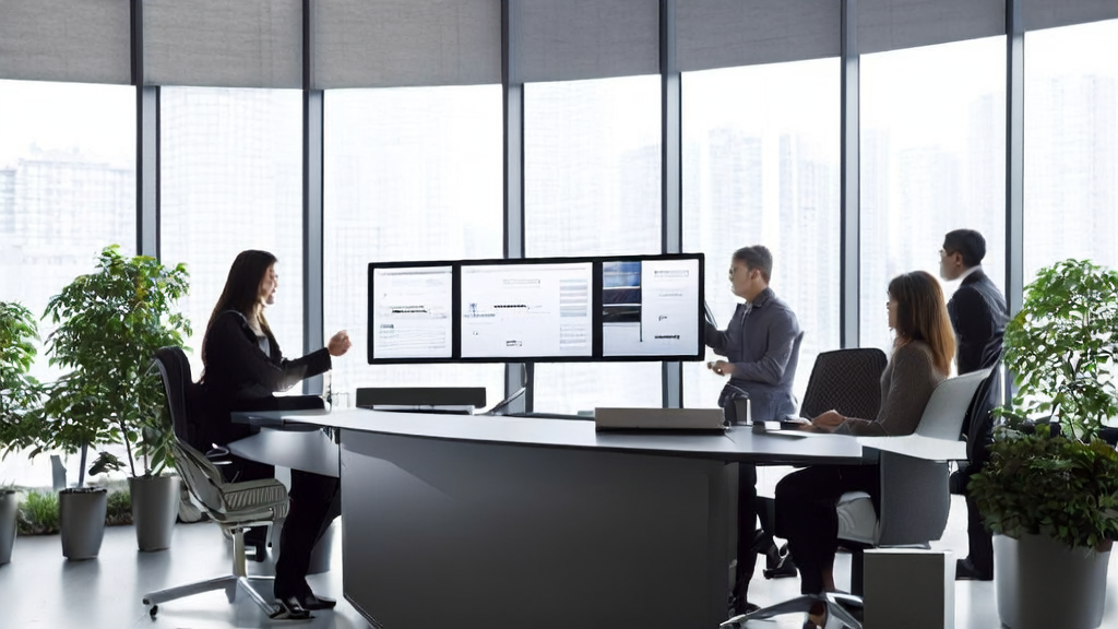 办公室内员工围绕Qianfan-VL生成的个性化邮件进行讨论,阳光透过落地窗洒入