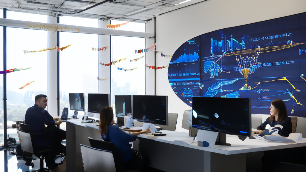 AI-driven email marketing revolution: Sunlight fills a modern office where employees are using AI technology to optimize email content and precisely target potential customers, significantly improving response rates.