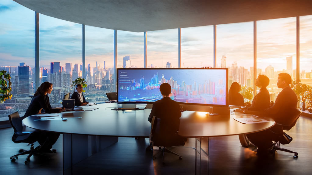 AI-driven email marketing revolution: Young entrepreneurs in a modern office are leveraging advanced AI technology to optimize email marketing strategies and improve acquisition efficiency.