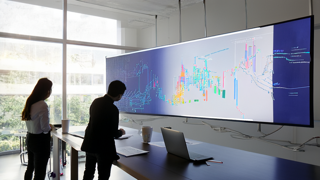 AI驱动的邮件营销革命：团队在现代化办公室中探讨如何利用AI技术优化邮件营销策略