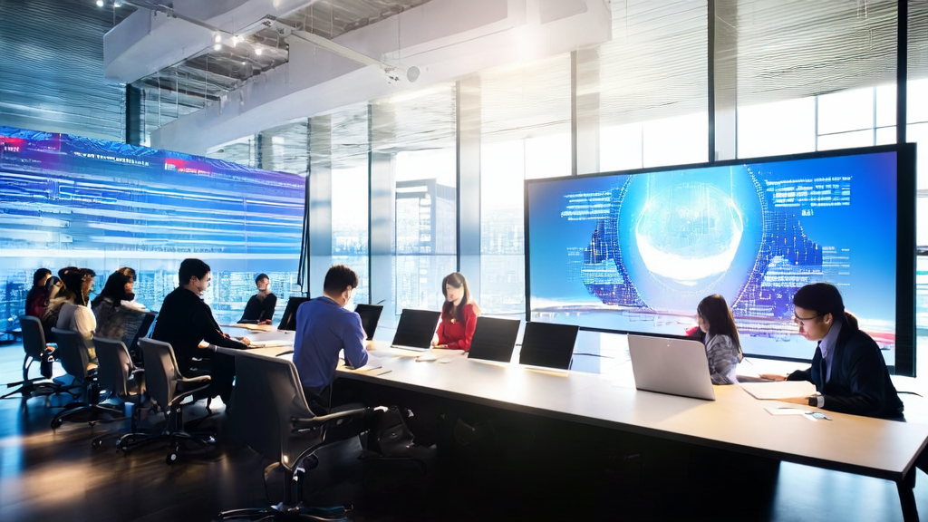 Inside a modern tech building bathed in sunlight, a marketing team is discussing AI-driven email marketing strategies, showcasing personalized emails and multi-language content generation.