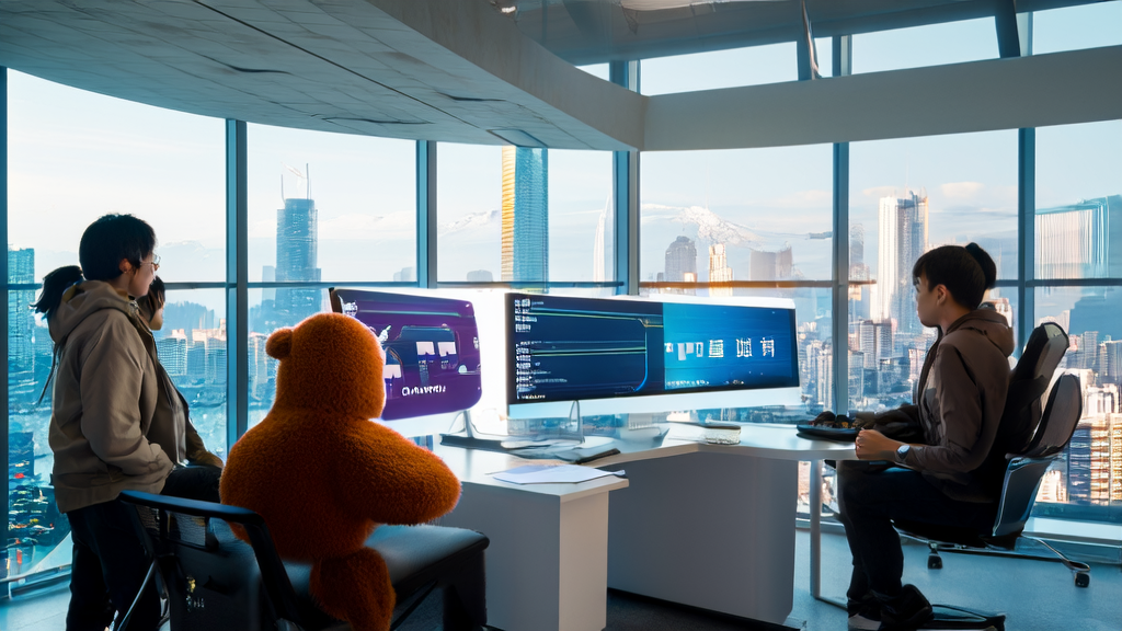 In a futuristic office with city skyline background, a team uses AI technology to optimize email marketing and increase customer reply rates, featuring a wool felt panda working on a computer.