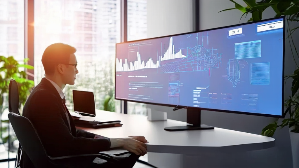 A marketing specialist in a modern office using Microsoft Windows 11 to optimize email marketing strategies with AI technology