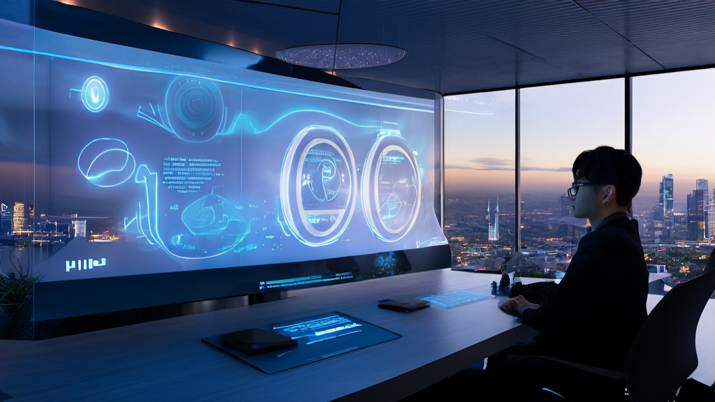 未来办公室中，创业者使用蚂蚁灵光进行智能化邮件营销，屏幕展示个性化邮件和多模态内容。