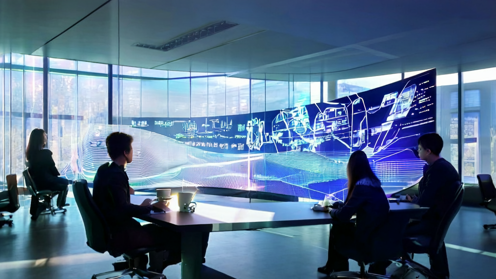 Employees in a futuristic office discuss AI-driven email marketing strategies around an advanced computer screen