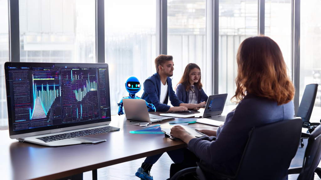 Marketing team in a modern office using AI technology for customer data collection and generating digital human videos with Higgsfield Speak function