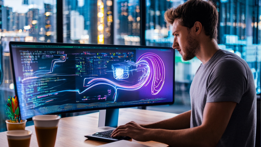 An entrepreneur in an office using AI tools to optimize email marketing strategies, with a city night view in the background.