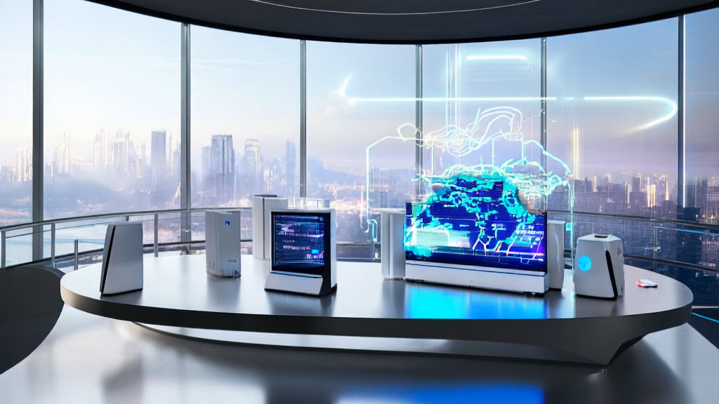 A futuristic office showcasing AI-driven email marketing trends for cross-border e-commerce in 2025.