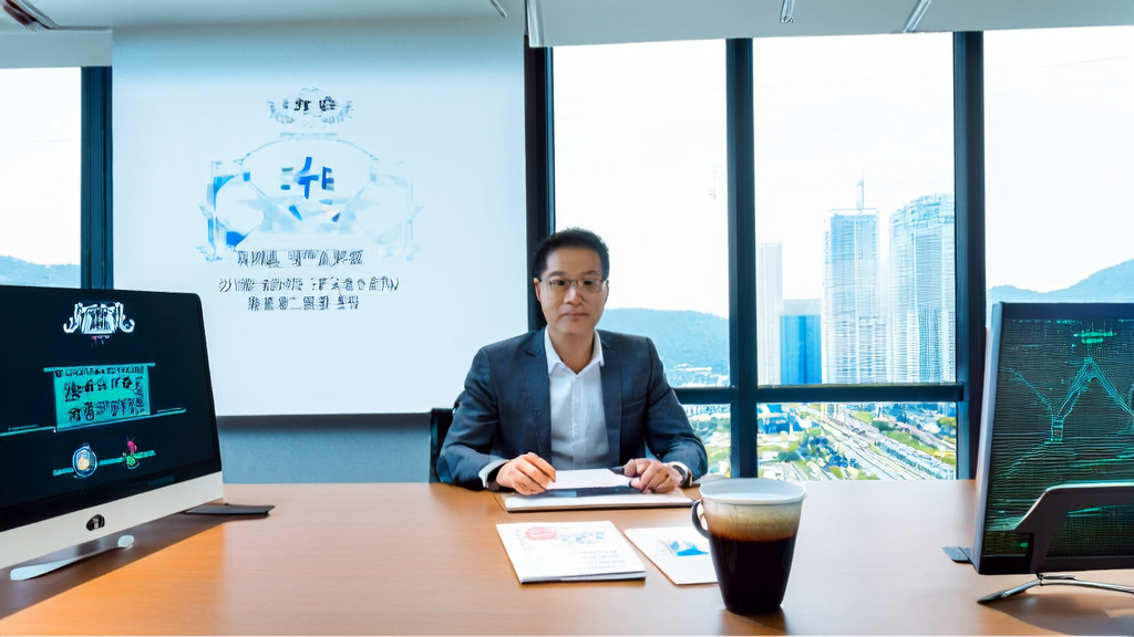 An export business executive using AI-driven email marketing in a modern office with a view of Wenzhou city