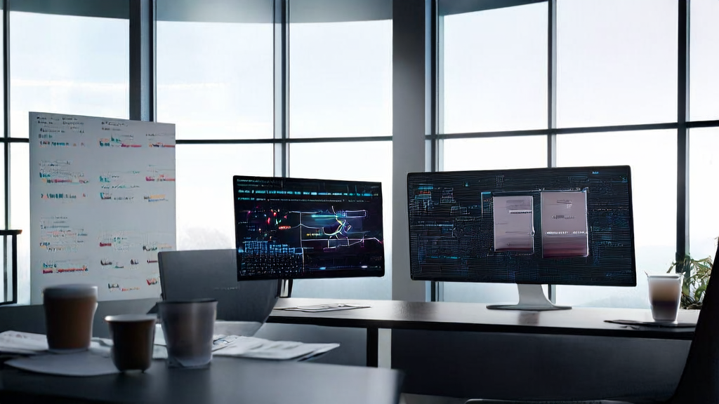 A modern office bathed in sunlight, with a computer running Grok Code Fast 1 and unopened emails on the desk, walls adorned with customer feedback charts and success story photos.