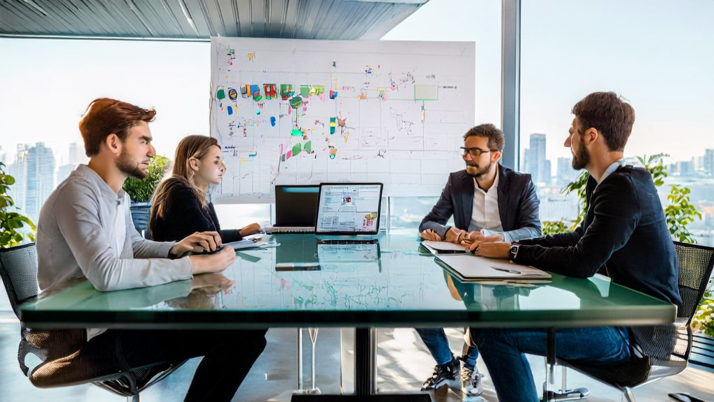 四位创业者在现代化办公室中讨论AI智能获客系统的成功秘诀