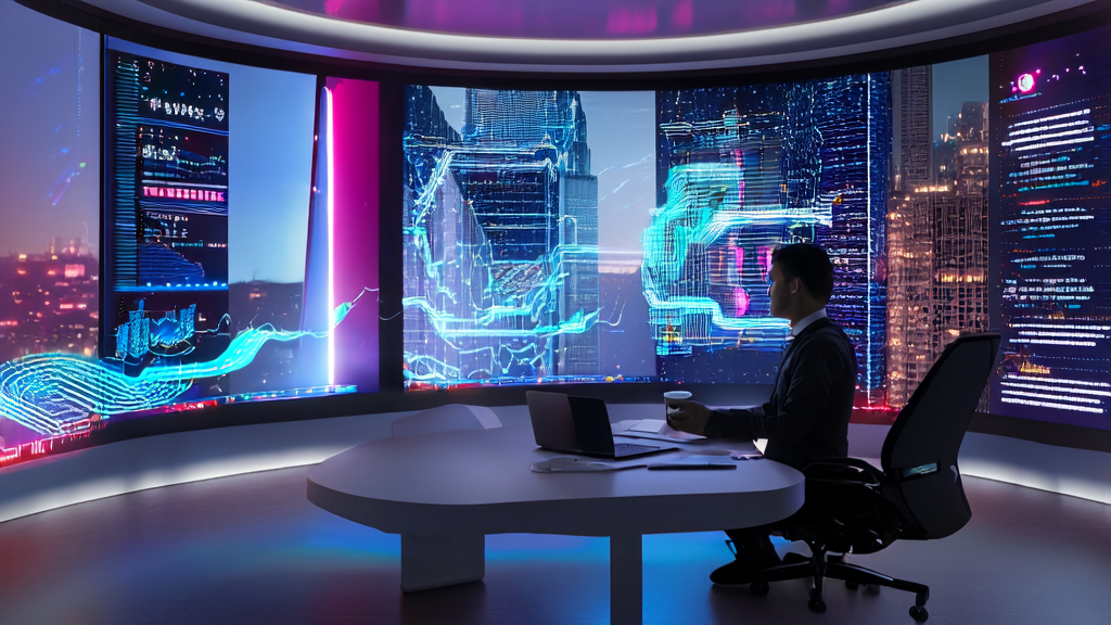 In a futuristic office, an entrepreneur plans high-conversion email strategies using AI technology