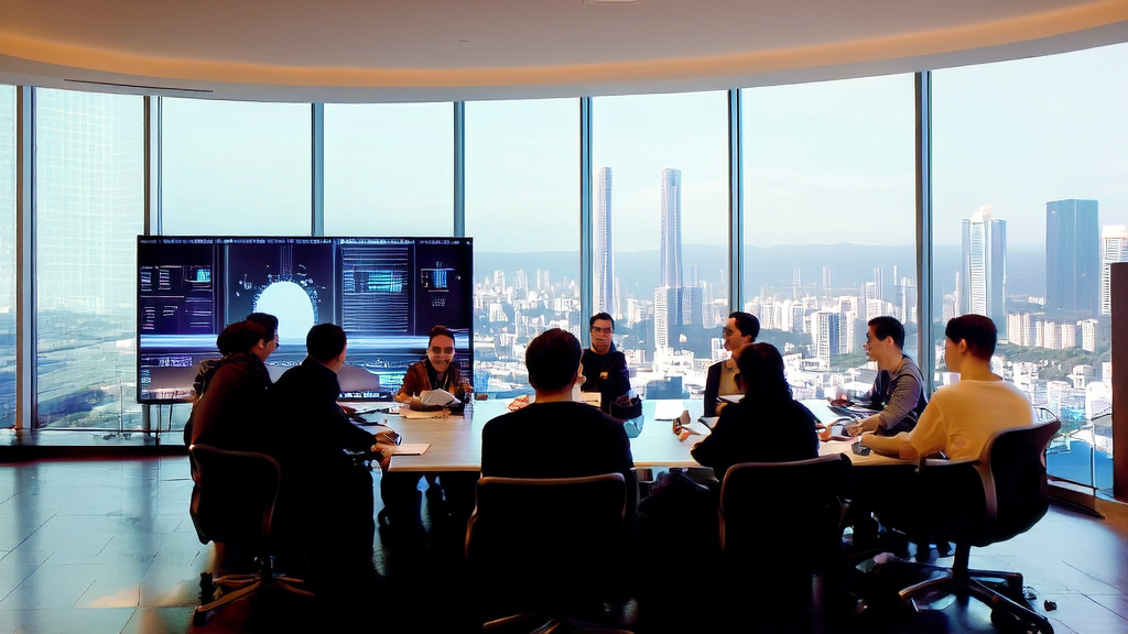 Illustration of the new era of AI-driven enterprise acquisition, where young entrepreneurs are discussing how to improve customer acquisition channels and methods using the latest AI technology