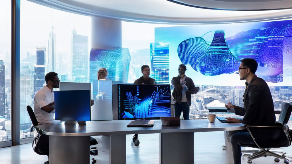In a futuristic office with city skyline views, entrepreneurs are discussing AI-driven personalized email marketing strategies, with the announcement of the world's first open-source voice large model framework LLaSO displayed on the wall.